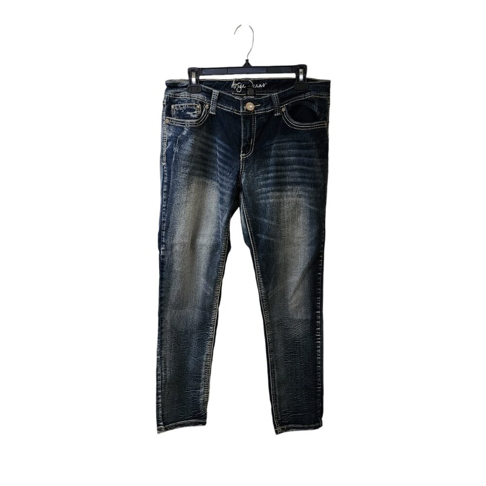 Ariya Dark Wash Skinny Jeans Size 13/14 Ombre Acid Wash Whiskered Low Mid Rise